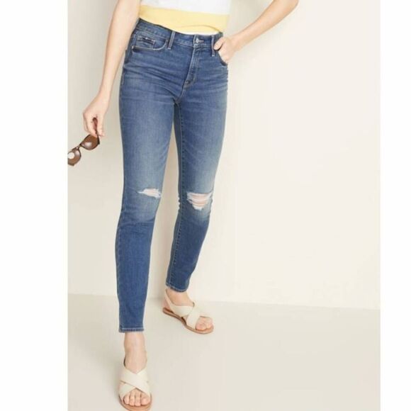 Old Navy Women's High-Waisted Distressed Pop Icon Skinny Jeans in Medium Indigo - Picture 1 of 9